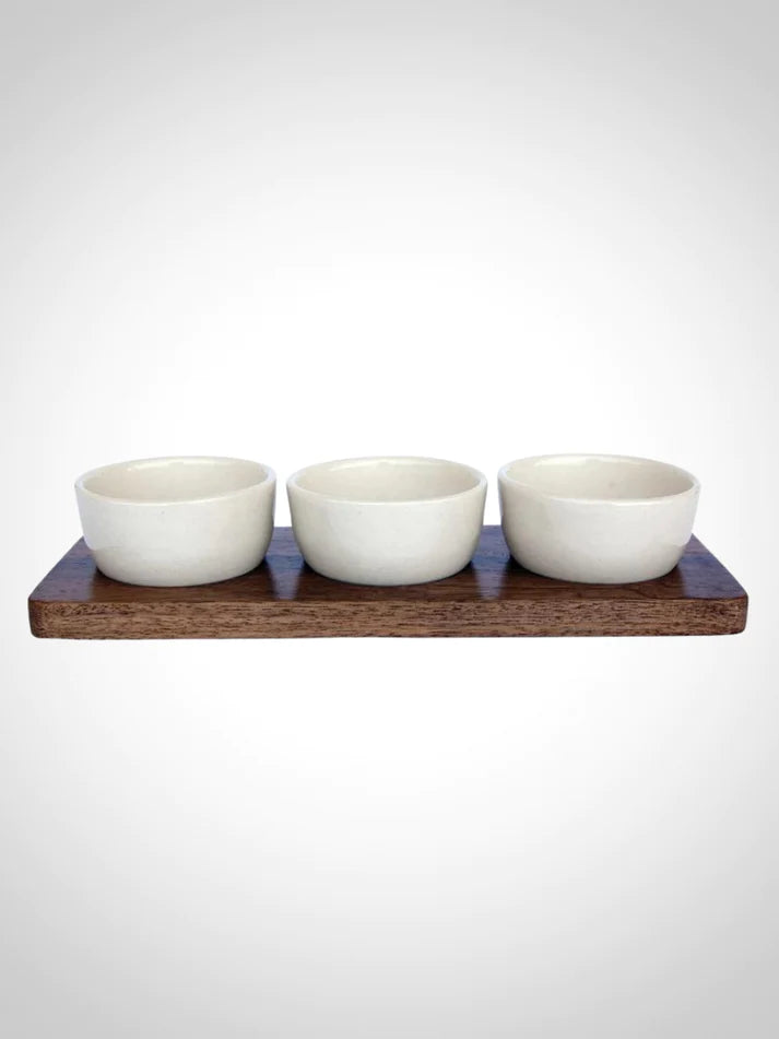Mango Wood Tray w/ 3 Stoneware Bowls