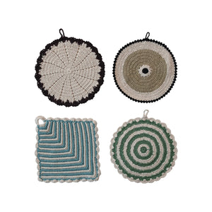 8" Square Cotton Crocheted Pot Holder, Multi Color - 4 Styles