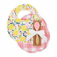 Set of Two Bibs and Silicone Spoon Lemon