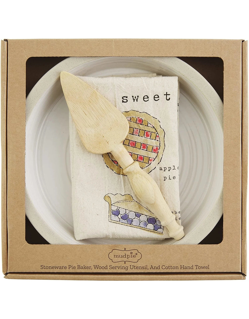 Boxed Stoneware Pie Baker, Wood Serving Utensil, & Cotton Hand Towel